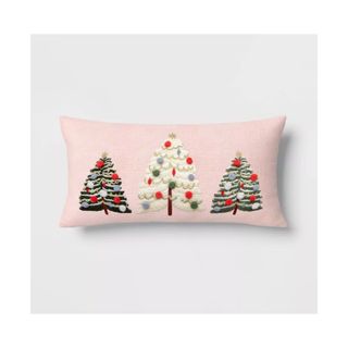 Pink Embroidered Christmas Trees Lumbar Throw Pillow 