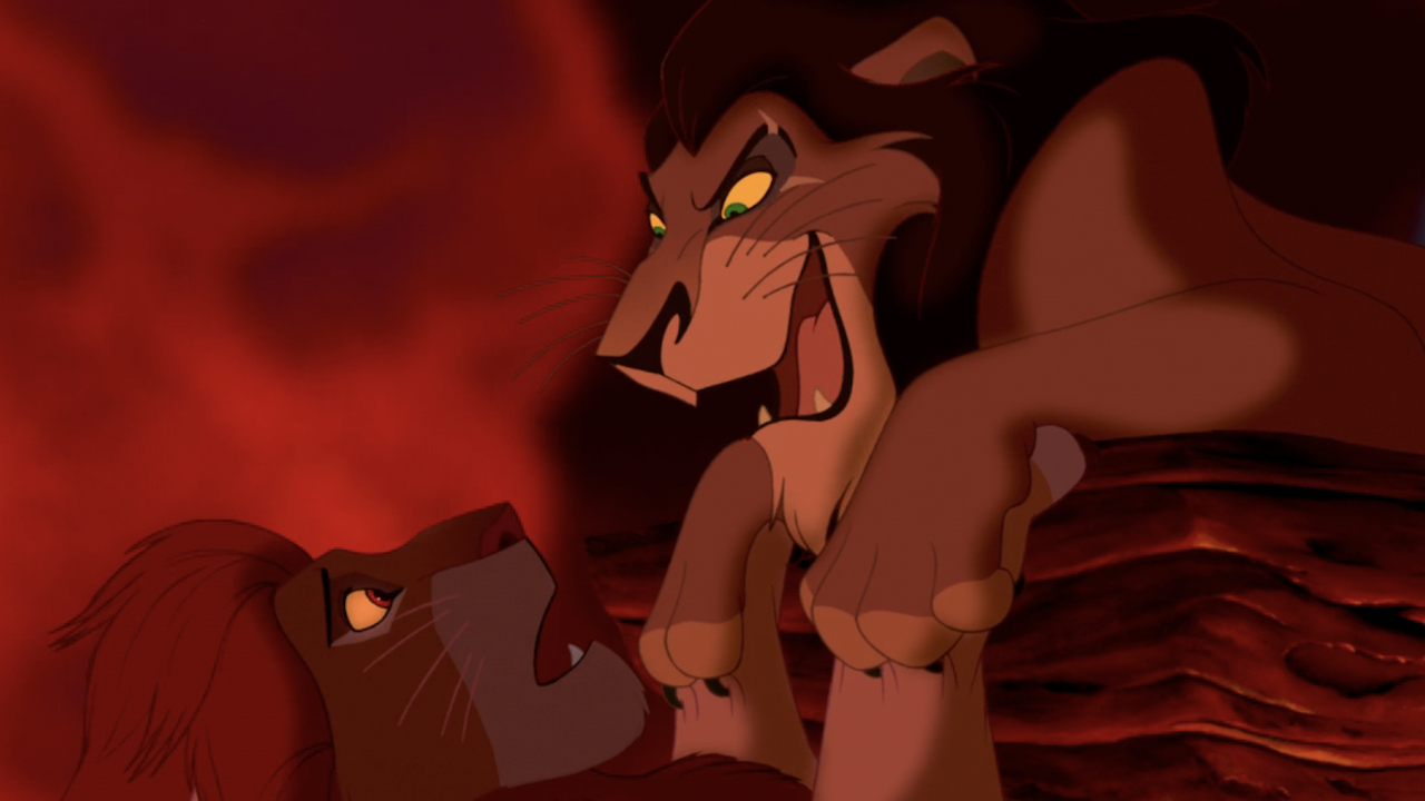 Scar and Simba on a cliff in Lion King