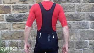 A picture showing the rear of the Spatzwear Convoy Cargo bib shorts while worn and the two reflective strips on the lower back