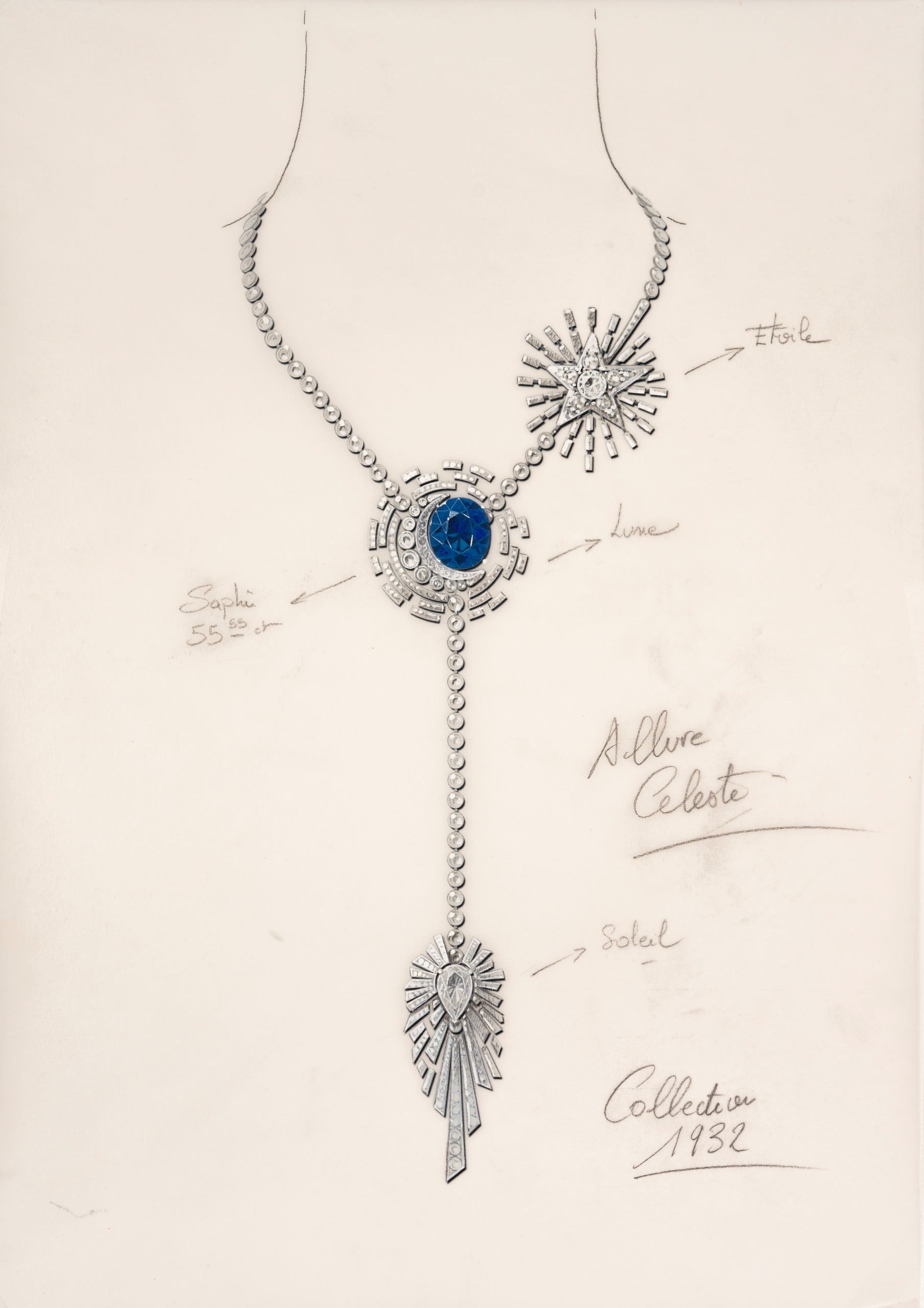 An illustration of a diamond necklace with a 55-carat sapphire at its heart