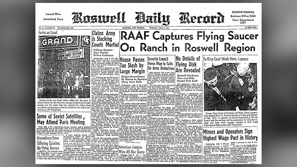 The Roswell Daily Record from July 9, 1947, details the Roswell UFO incident.
