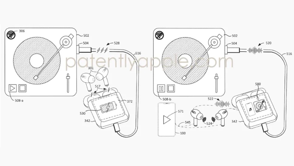 An illustration from a patent application showing an AirPods case attached to a record player.