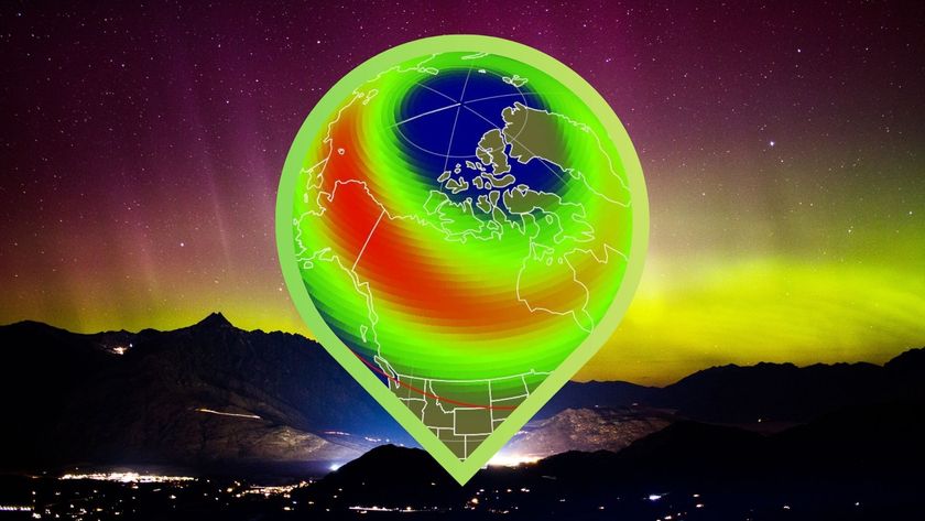 graphic showing the aurora view line map across the us and a northern lights display in the background.