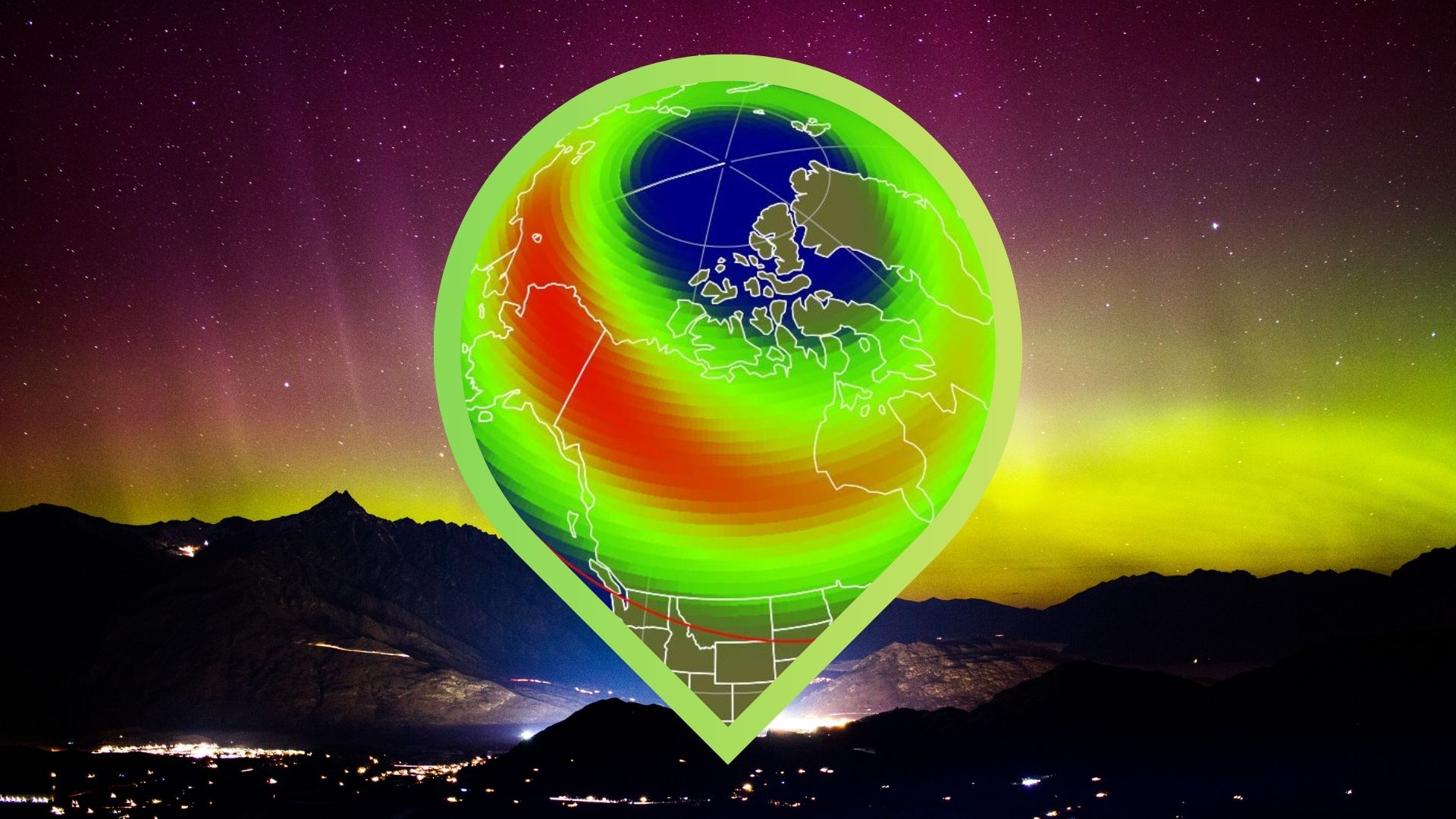 graphic showing the aurora view line map across the us and a northern lights display in the background.