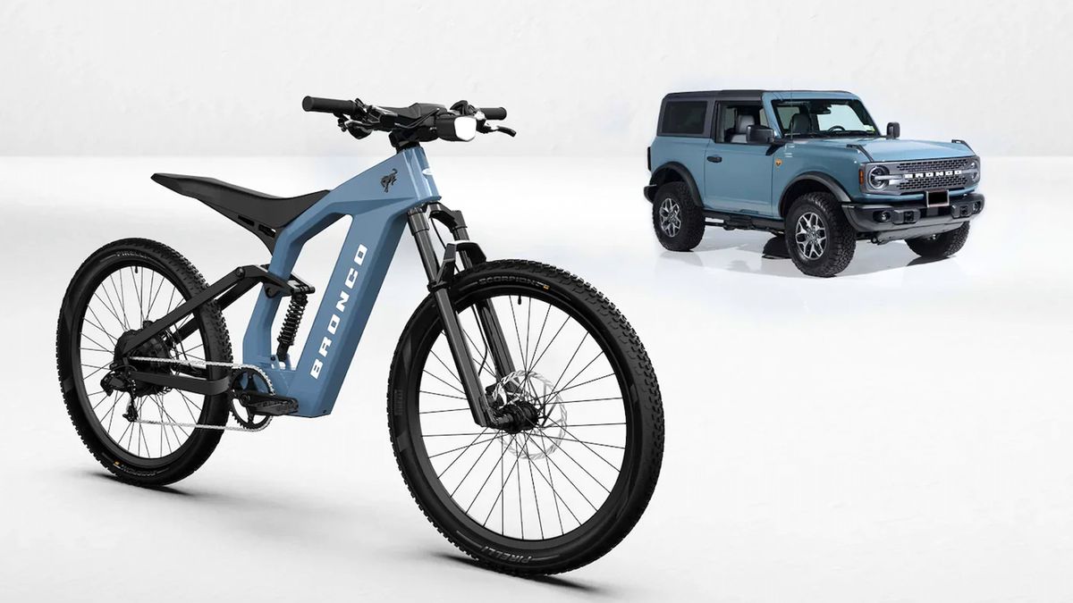 The Ford Bronco electric bike with a Bronco car behind