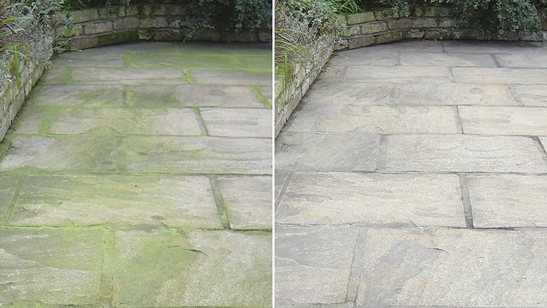 Best patio cleaner hero image showing patio both before and after treatment with patio magic
