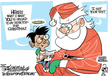 Editorial cartoon Christmas Santa Internet