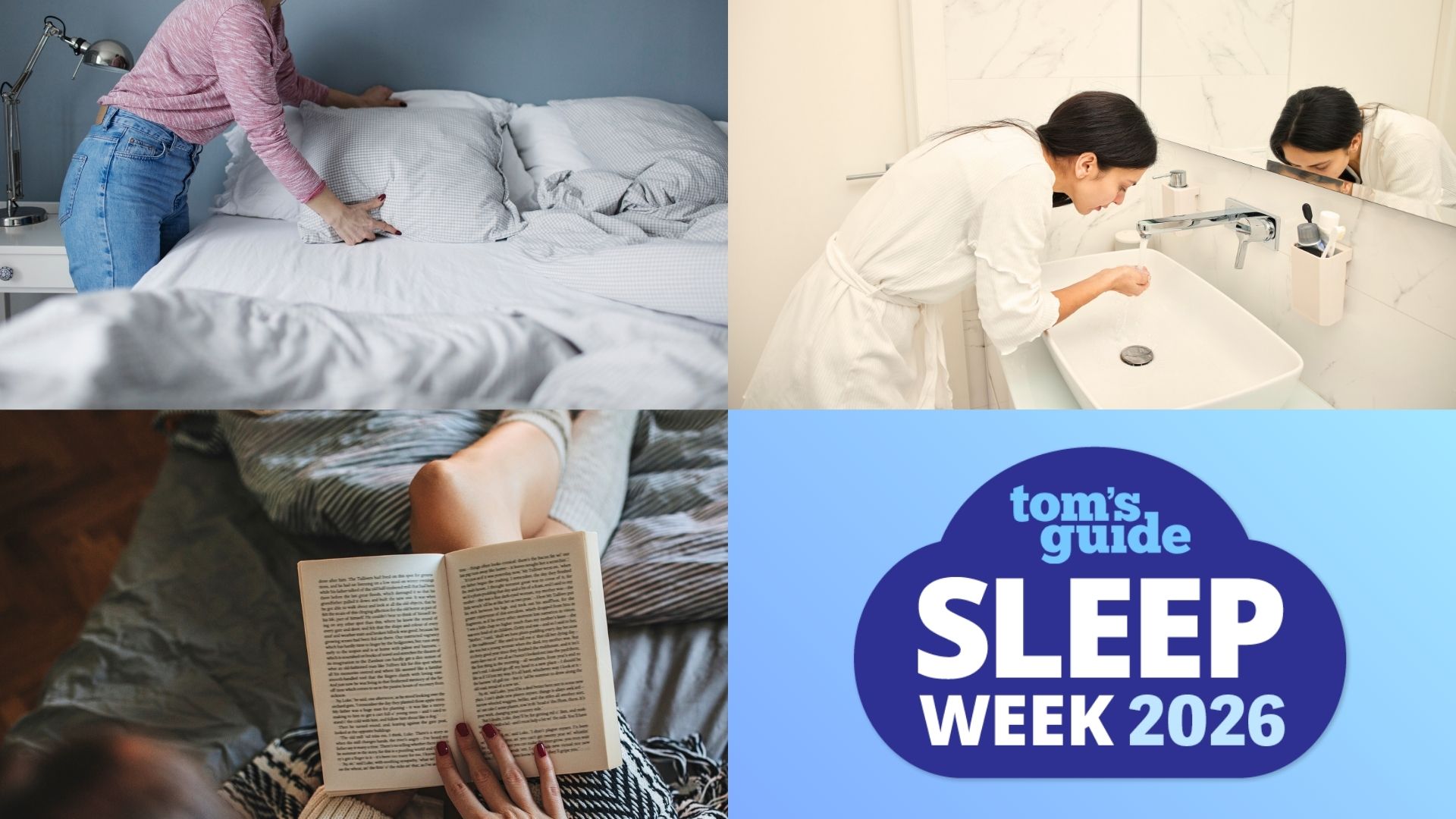 A collage of a woman making her bed, washing her face, and reading a book. In the last image, there is a Sleep Awareness Week 2026 badge on a blue gradient background. 