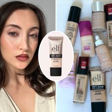A collage of Who What Wear associate beauty editor Alyssa Brascia and the pile of drugstore foundations she tested.