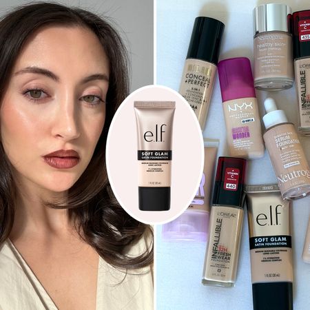 A collage of Who What Wear associate beauty editor Alyssa Brascia and the pile of drugstore foundations she tested.
