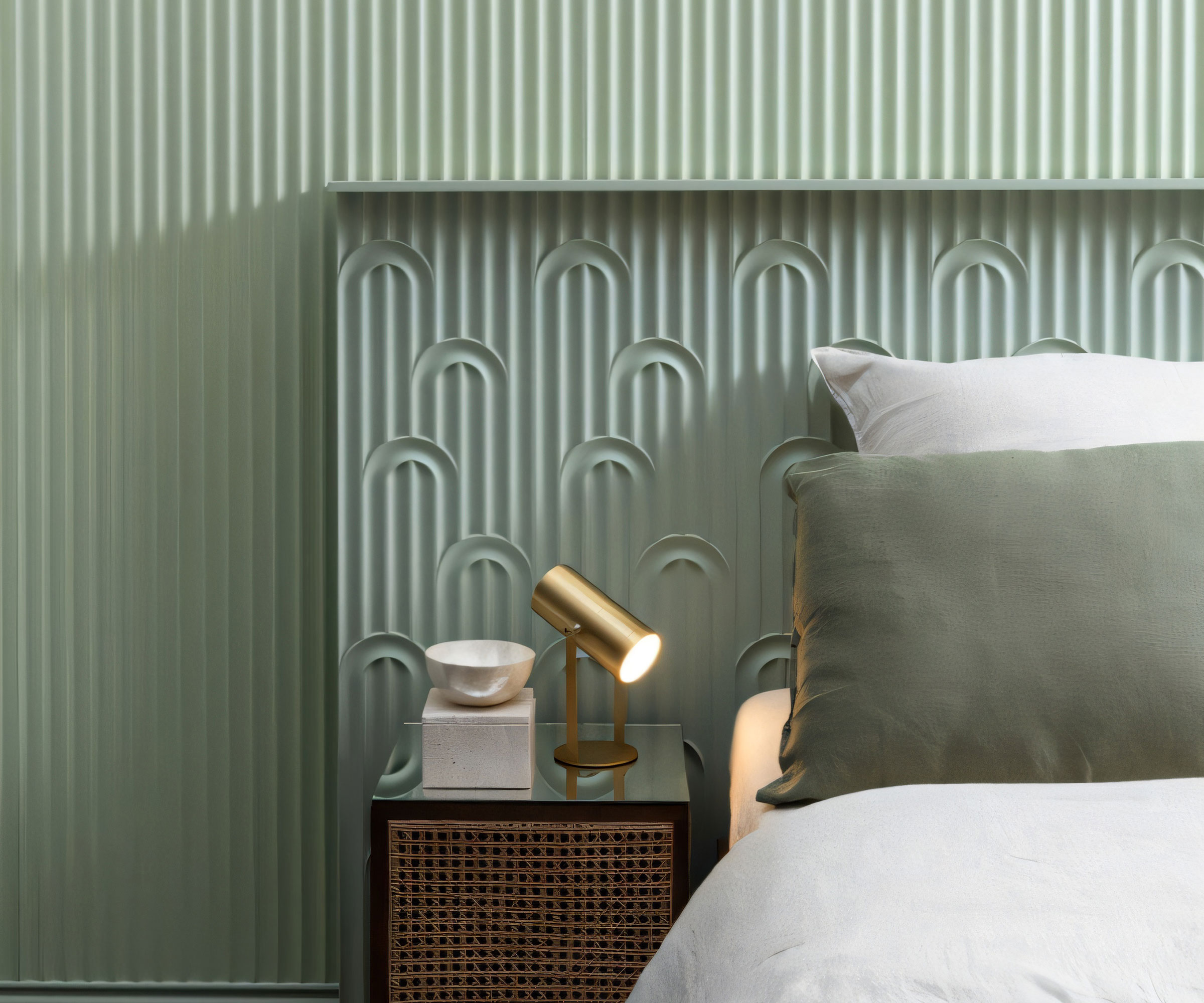 pale green art deco polystyrene wall panels in bedroom