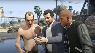 The three playable characters having an exchange in GTA 5