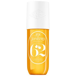 Brazilian Crush Cheirosa ’62 Bum Bum Hair & Body Fragrance Mist in large orange spray bottle with large embossed white cap on white background 