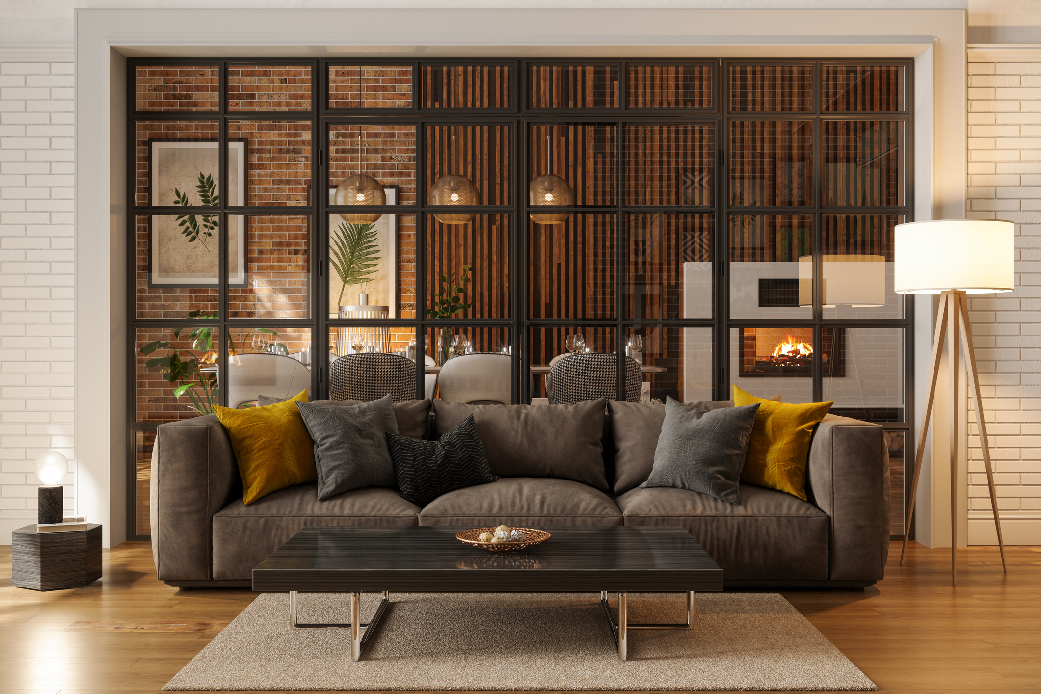 Luxury Living Room At Night With Sofa, Floor Lamp And Dining Room