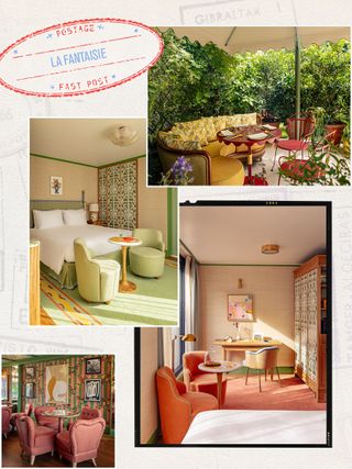 A collage of four images depicting the interior and patio at a new hotel in Paris.