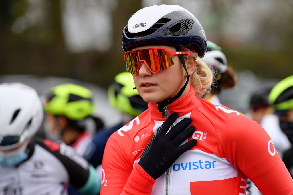 NOKERE BELGIUM MARCH 17 Start Emma Norsgaard Jorgensen of Denmark and Movistar Team during the 3rd Nokere Koerse Danilith Classic 2021 Womens Elite a 124km race from Deinze to Nokere NokereKoerse on March 17 2021 in Nokere Belgium Photo by Mark Van HeckeGetty Images