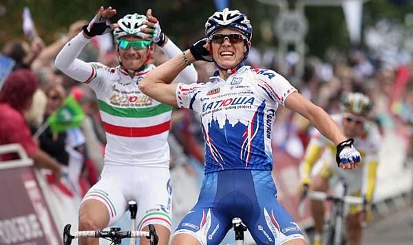 Ben Swift (Katusha) sprints to a win in Britain.