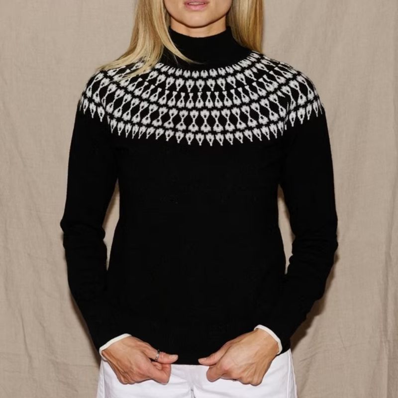 The Little Tailor Wool Blend Funnel Neck Fair Isle Jumper on model 