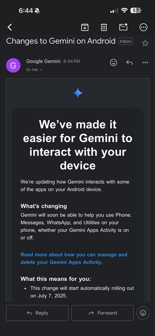 Part of an email from Google announcing upcoming changes to how Gemini interacts with user devices.