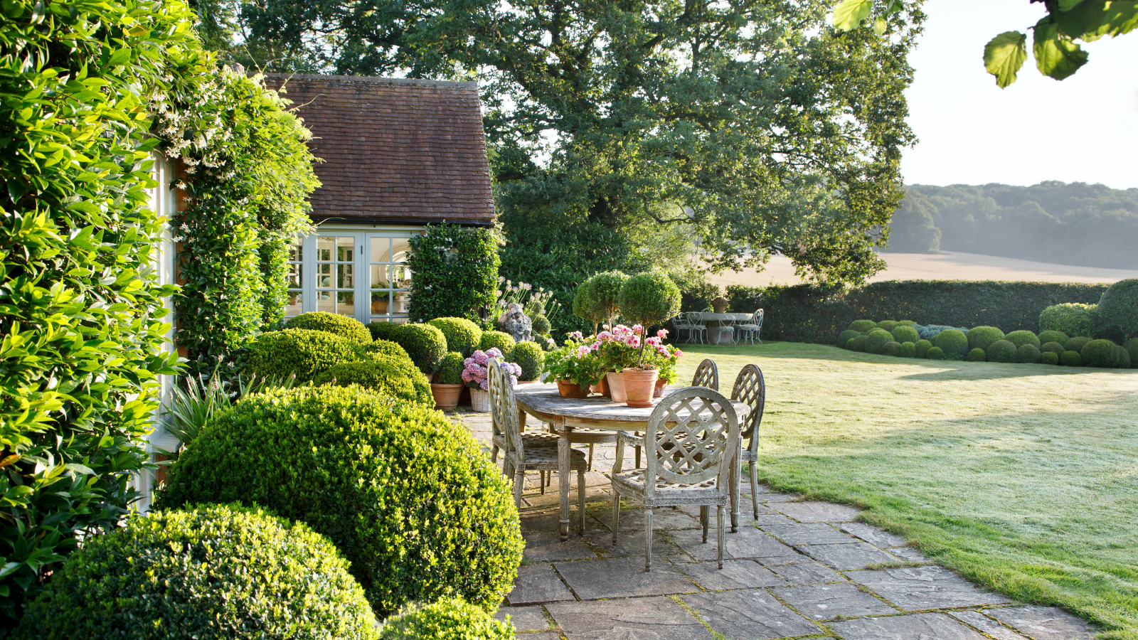 outdoor scene with grass and a dining table