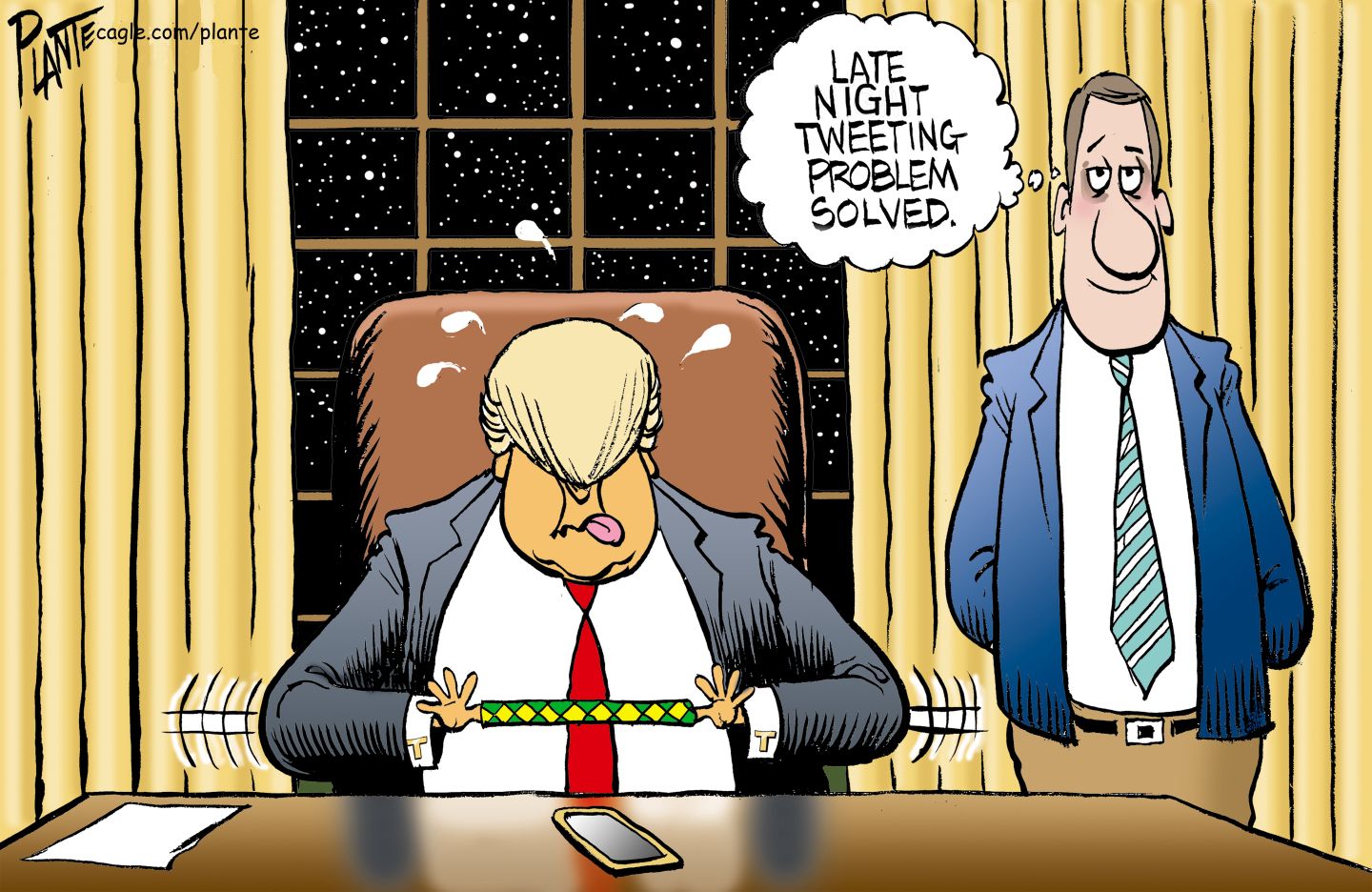 
                                Donald Trump is at his desk at night with his thumbs stuck in a “Chinese finger trap” and is unable to get to his phone. Trump’s tongue hangs out like he’s working hard to get his hands free. An aide nearby smiles and thinks, “Late night tweeting problem solved.”
                            