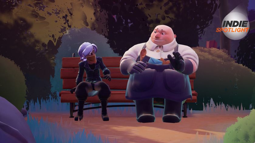 Wanderstop screenshot of two characters sitting together on a bench, one holds a wooden spoon