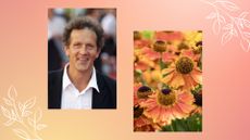 composite image of monty don and heleniums in a garden