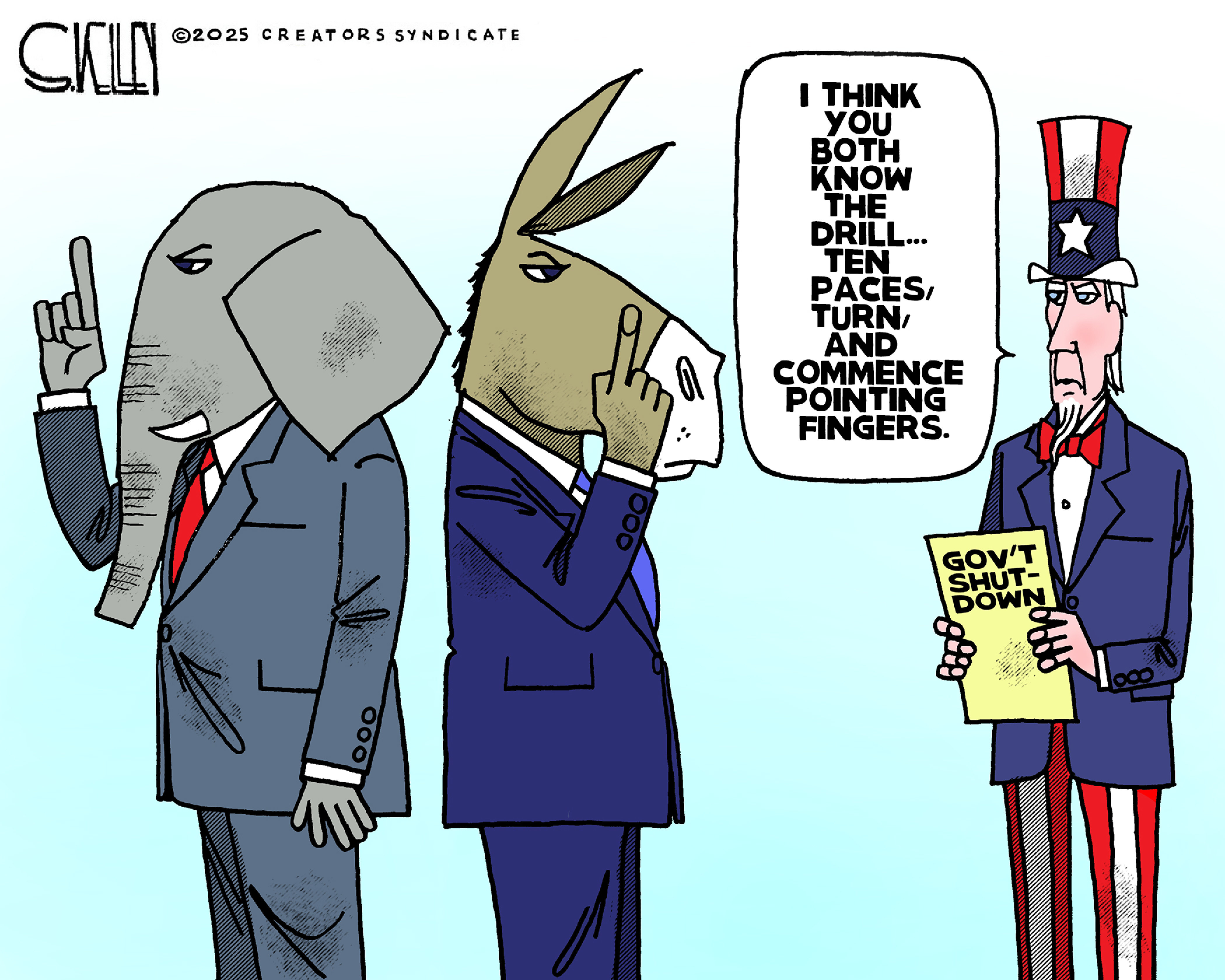 This political cartoon depicts an elephant and a donkey with their backs to each other with fingers raised, as if they are about to duel. Uncle Sam stands next to them with a paper that reads, &amp;ldquo;Gov&amp;rsquo;t shut-down&amp;rdquo; and says, &amp;ldquo;I think you both know the drill. Ten Paces, turn, and commence pointing fingers.&amp;rdquo;