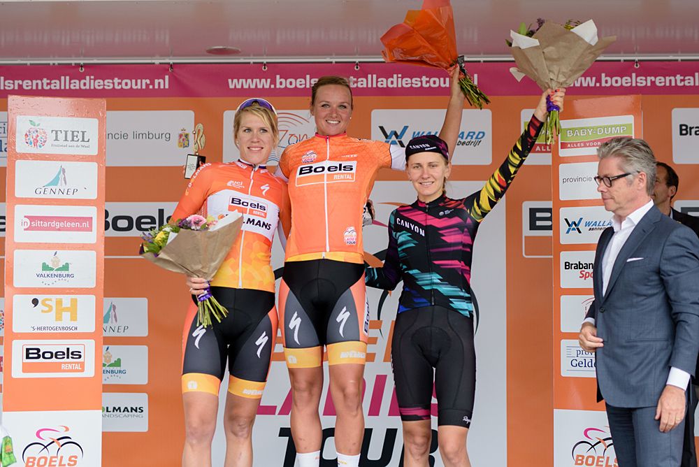 Top three in the general classification: Chantal Blaak, Ellen van Dijk (Both Boels Dolmans) and Alena Amialiusik (CANYON//SRAM Racing) at the 119 km Stage 6 of the Boels Ladies Tour 2016