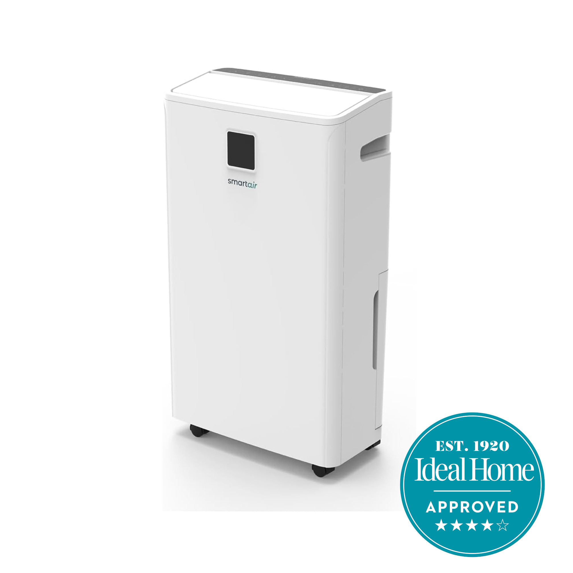 smartair dehumidifier on white background with ideal home approved badge