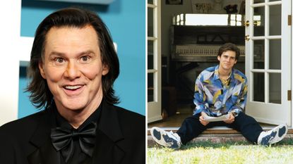 a split screen image with a photo of jim carey in 2026 on the left and in 1991 on the right