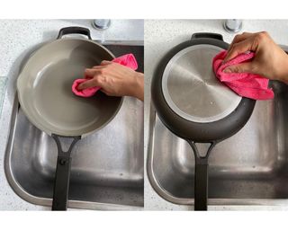 Christina Chrysostomou demonstrating how to dry a non-stick pan with a pink Marigold microfiber cleaning cloth