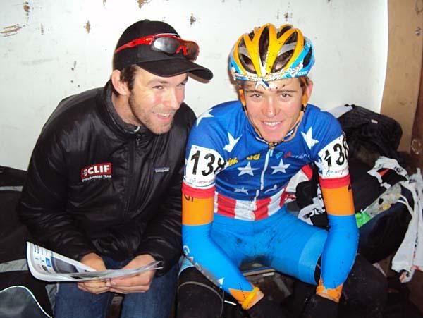 Troy Wells and Danny Summerhill inside the warming van.
