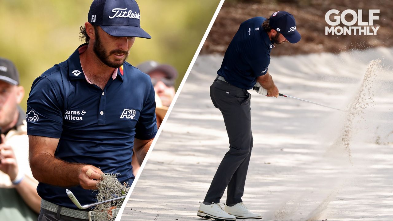 Max Homa pulls grass off his club and hits a bunker shot