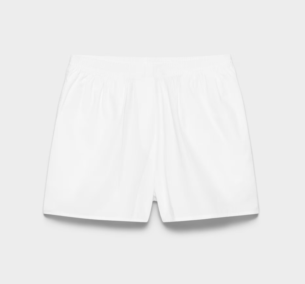 a pair of poplin shorts in front of a plain backdrop