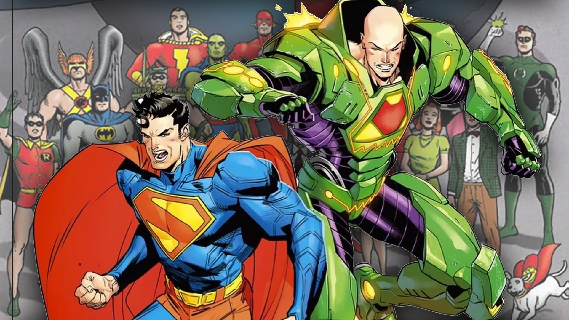 Man of Tomorrow concept art showing Superman and Lex Luthor teaming up superimposed over a group of heroes from the cover of Whatever Happened to the Man of Tomorrow?