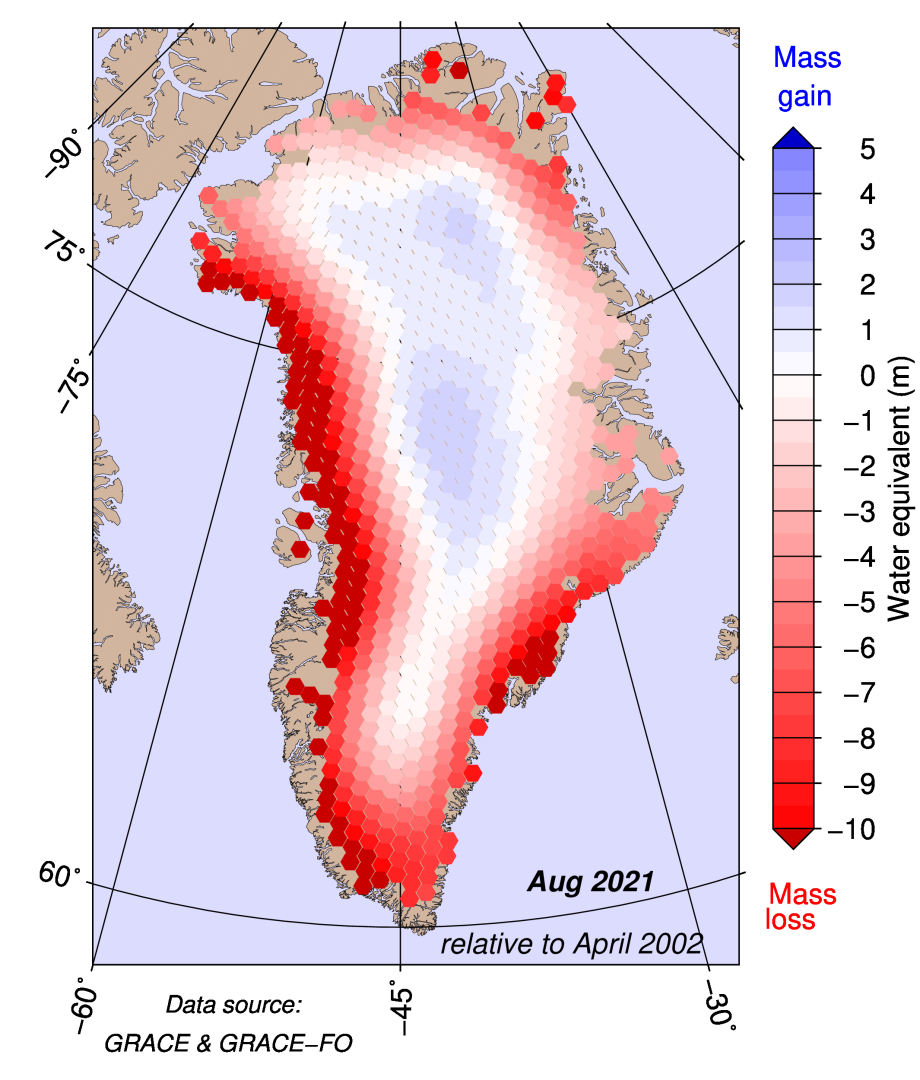 This satellite map shows regions fo highest ice loss (dark red) in Greenland as of August, 2021. The West Greenland coast has been hit hardest, likely due to warming temperatures in the Arctic Ocean.