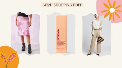 Three picks from w&h's shopping edit in May, on a cream background with colourful graphics.