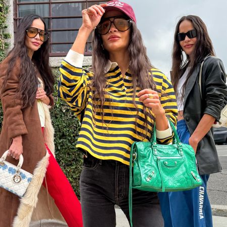 Sophie Lopez wearing a brown coat, red pants and a dior bag; Sophie Lopez wearing a striped miu miu shirt, black pants, and a balenciaga bag; Sophie Lopez wearing a leather jacket, white shirt, dior bag, and blue pants