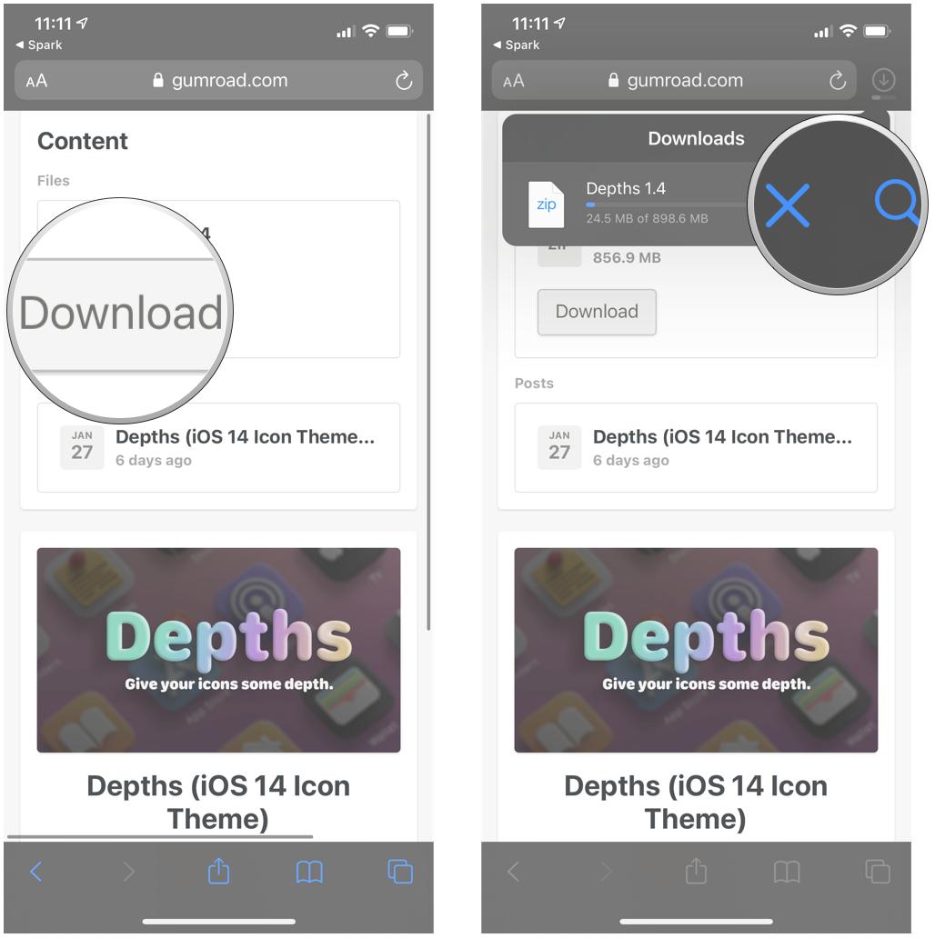 Faça o download de um pacote de ícones para o seu dispositivo iOS mostrando: Clique em Download no seu pacote e, em seguida, toque no botão Download para ver o progresso e cancelar ou pular para Arquivos
