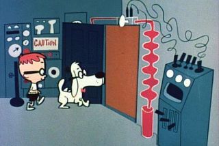 Sherman (left) and Mr. Peabody at the WABAC machine.