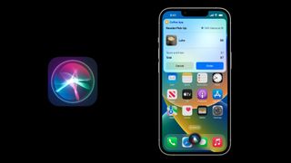 Screenshot from Apple's "Dive into App Intents" developer session showing the Siri icon and a demo shortcut running on an iPhone.