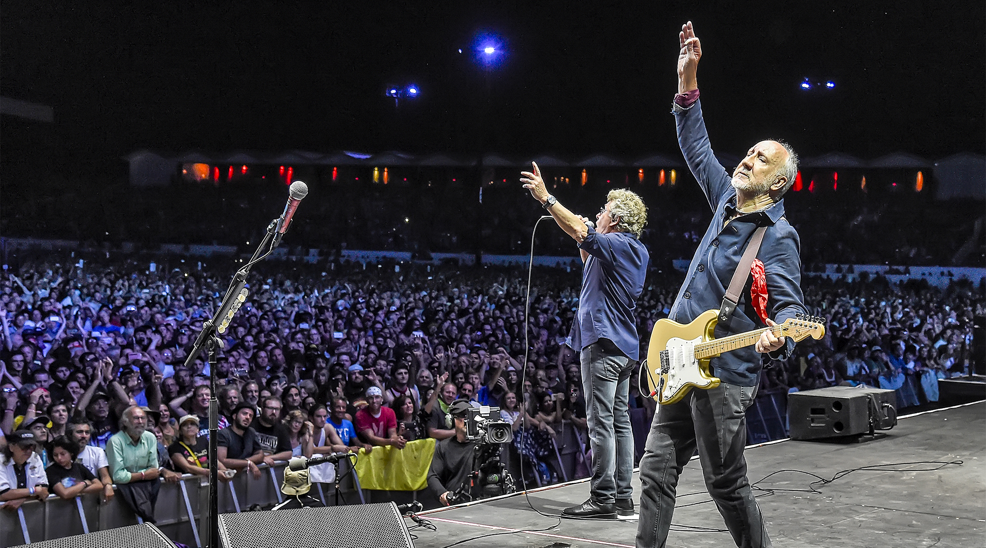 INDIO, CA - OCTOBER 16: (EDITORS NOTE: Image was digitally altered.) Musicians Roger Daltrey (L) and Pete Townshend of The Who perform onstage during Desert Trip at The Empire Polo Club on October 16, 2016 in Indio, California
