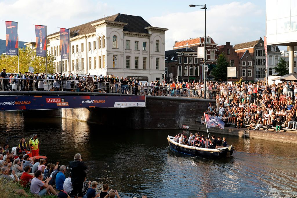 UTRECHT NETHERLANDS AUGUST 18 Richard Carapaz of Ecuador Dylan Van Baarle of Netherlands Tao Geoghegan Hart of United Kingdom Ethan Hayter of United Kingdom Luke Plapp of Australia Cano Carlos Rodriguez of Spain Pavel Sivakov of Russia Ben Turner of United Kingdom and Team INEOS Grenadiers during the 77th Tour of Spain 2022 Team Presentation LaVuelta22 WorldTour on August 18 2022 in Utrecht Netherlands Photo by Bas CzerwinskiGetty Images