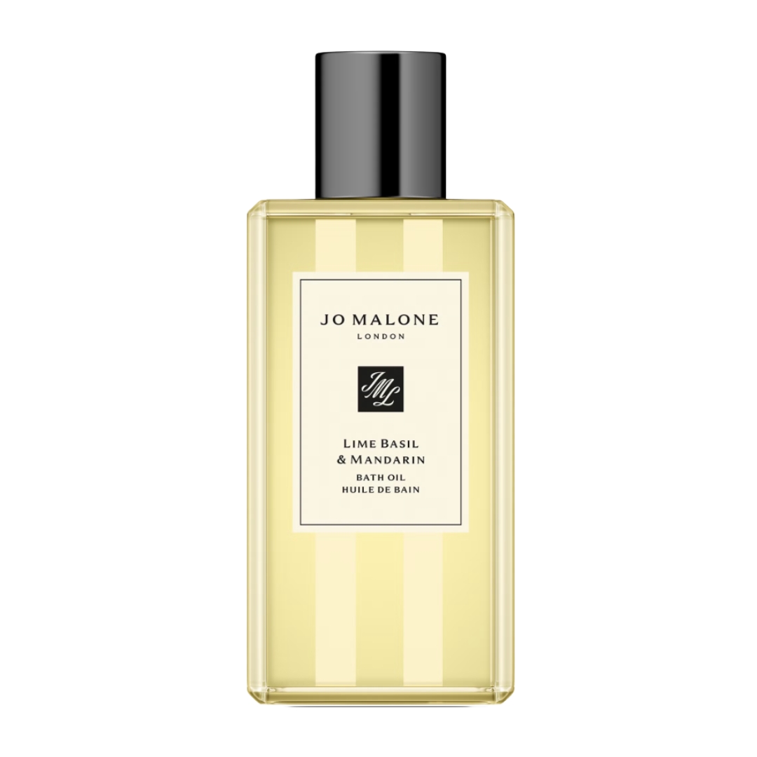 A product shot of the Jo Malone London Lime Basil &amp;amp; Mandarin Bath Oil, on a white background