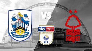 Huddersfield Town vs Nottingham Forest badges over Wembley stadium for the EFL Playoff final 2022