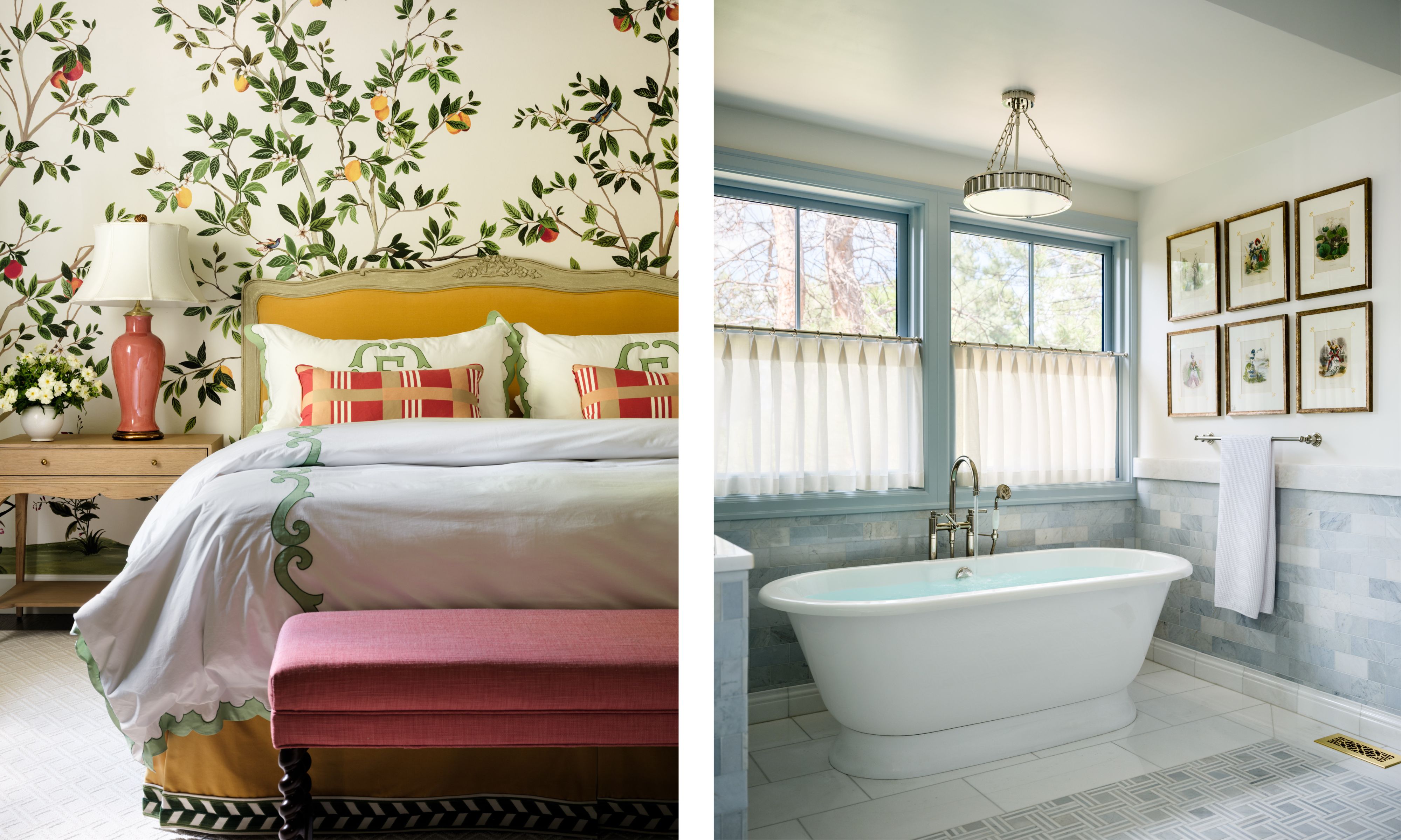 two side by side images, a wallpapered bedroom with green yellow and pink tones on the left and a neutral soft blue primary bathroom on the right