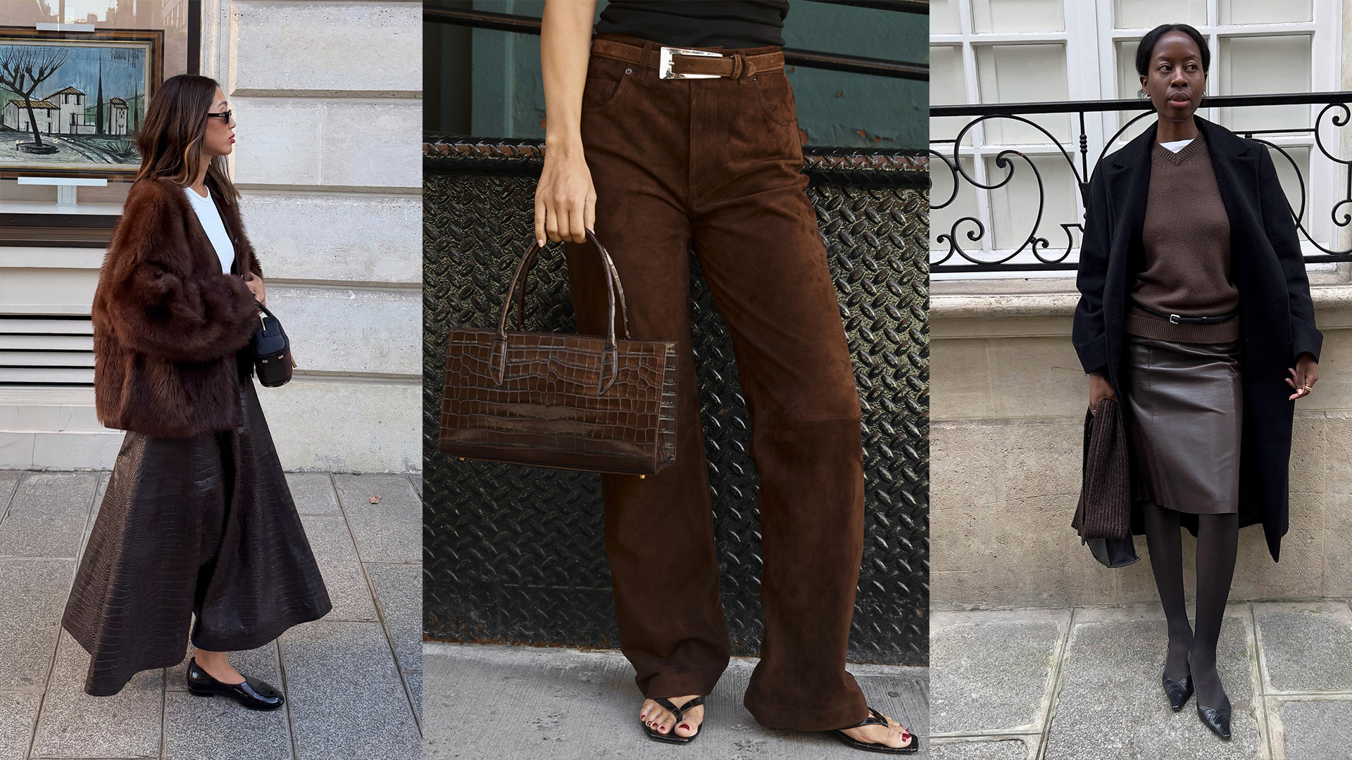 Fashion influencers wearing chocolate brown clothing and accessories