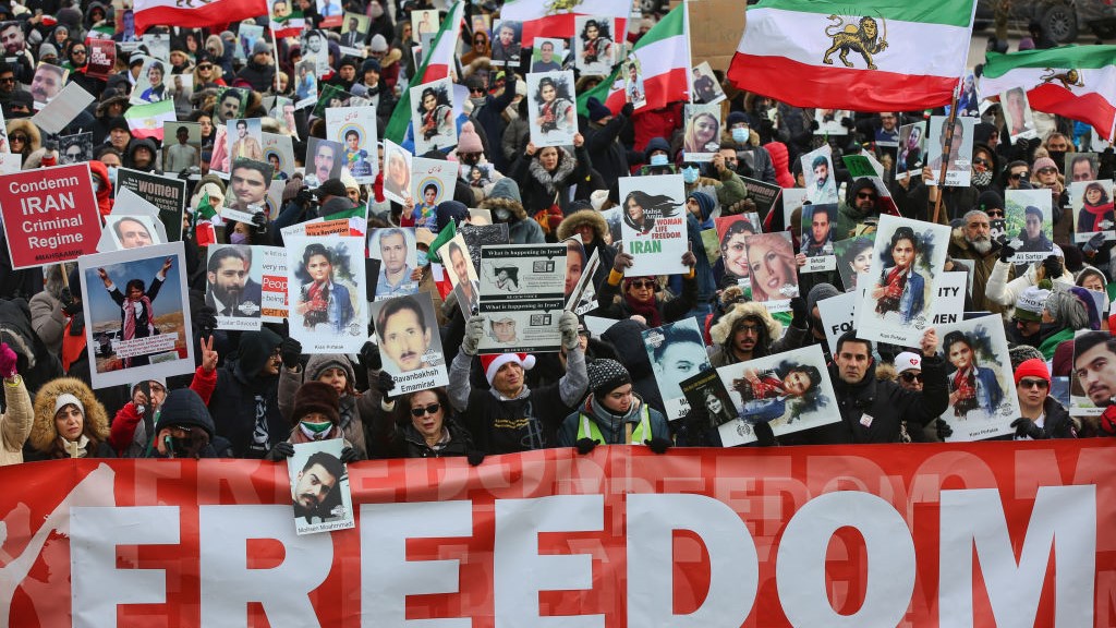 Thousands of Iranian-Canadians and their supporters protest against the Iranian Islamic regime in Richmond Hill, Canada on November 19, 2022.