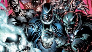 DC Comics artwork of Black Hand surrounded by Black Lanterns